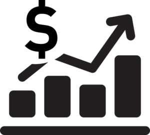 Darstellung eines Diagramms mit einem Graph, einem Dollarzeichen und einem Balkendiagramm, symbolisiert die Kostenersparnis durch Automatisierung betrieblicher Abläufe.