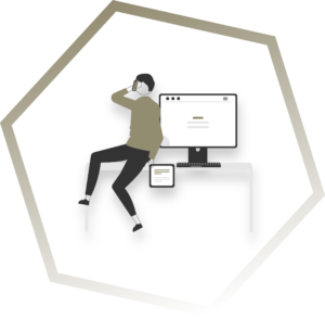Ein Cartoon-Bild einer Person, die an einem Computer im Backoffice arbeitet, mit einem Tablet auf dem Schreibtisch, umgeben von einem hexagonalen Rahmen.