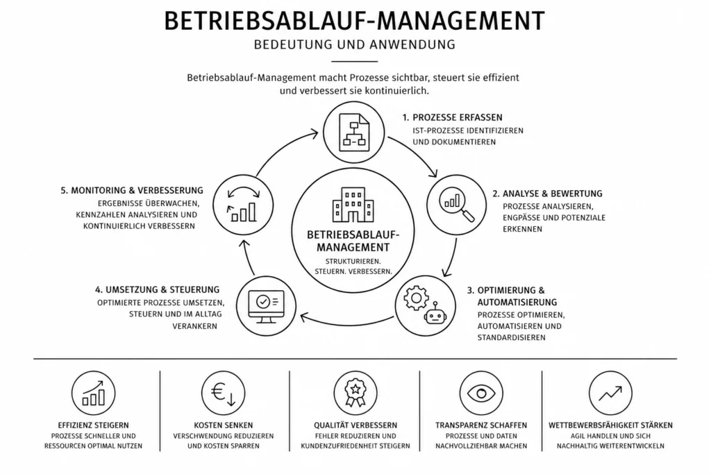 Minimalistische Schwarz-Weiß-Linienillustration eines kreisförmigen Betriebsablauf-Management-Prozesses: Ein zentraler Kern verbindet die Phasen Prozesse erfassen, Analyse und Bewertung, Optimierung und Automatisierung, Umsetzung und Steuerung sowie Monitoring und kontinuierliche Verbesserung, ergänzt durch Symbole für Effizienzsteigerung, Kostensenkung, Qualitätsverbesserung und Transparenz.