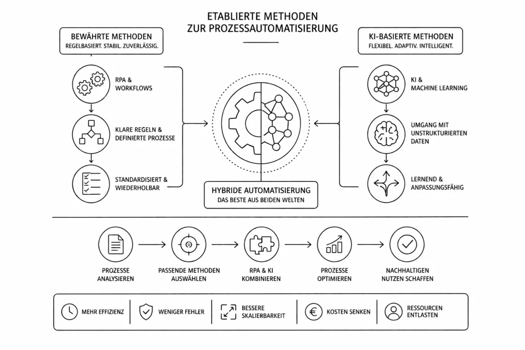 Minimalistische Schwarz-Weiß-Linienillustration eines zweigeteilten Systems zur Darstellung etablierter Methoden zur Prozessautomatisierung: Links regelbasierte Ansätze mit Zahnrädern und linearen Workflows, rechts KI-basierte Methoden mit Netzwerkstrukturen und adaptiven Prozessen, verbunden durch ein zentrales hybrides Element, das die Kombination beider Ansätze visualisiert.