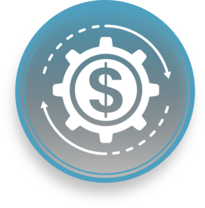 "Symbol eines Zahnrads mit Dollar-Zeichen in der Mitte, umgeben von kreisenden Pfeilen, das die fixen, planbaren monatlichen Kosten von Software as a Service (AaaS) für transparente und kalkulierbare Ausgaben darstellt."